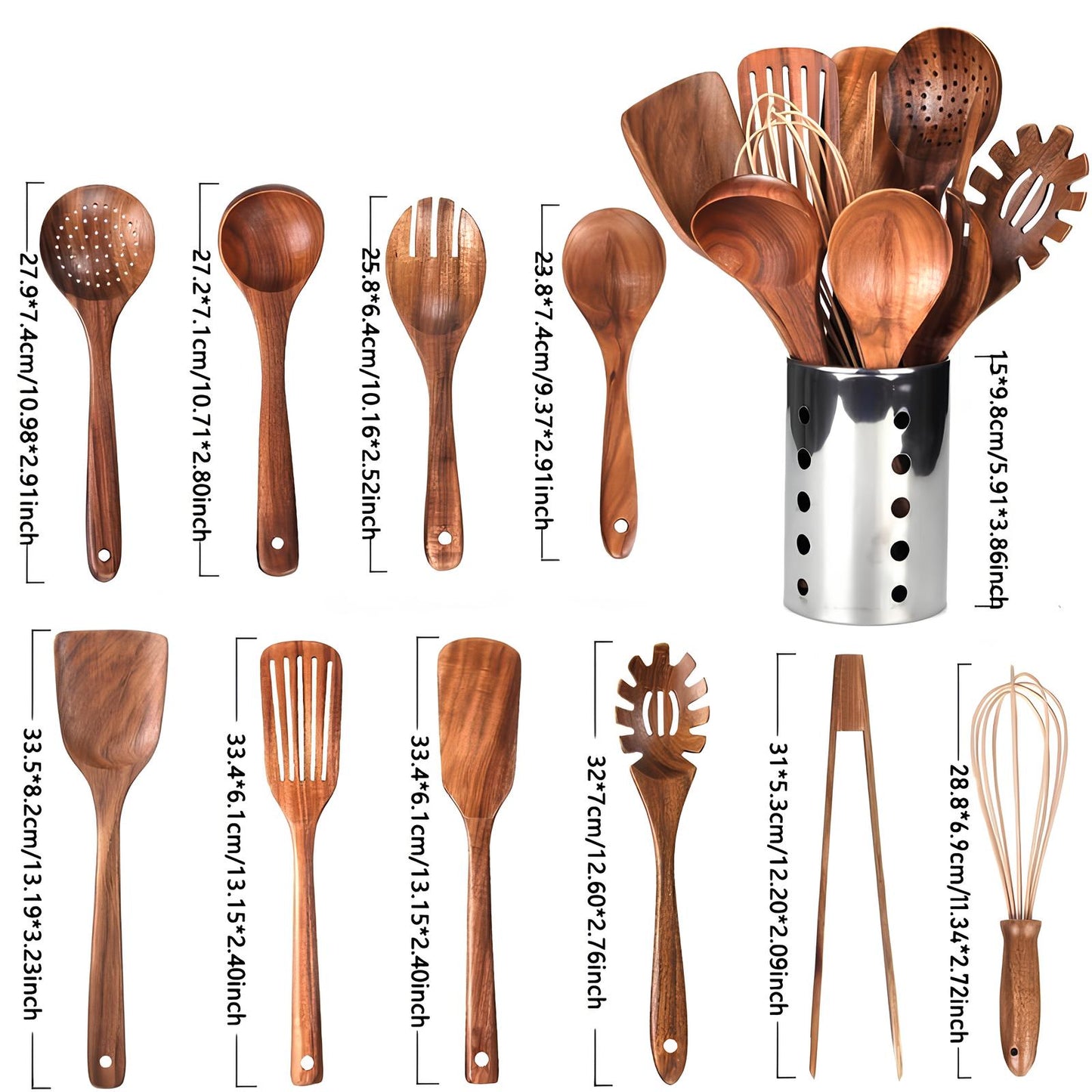 Teak Kitchen Utensil Set 11 Piece Holder