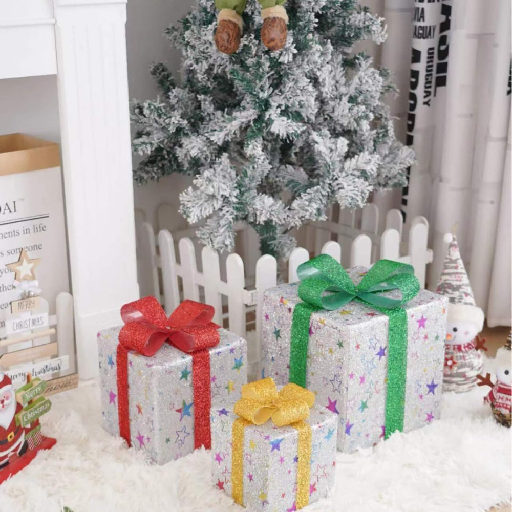 LED Lighted Christmas Gift Box Set, 3pcs – Indoor/Outdoor Holiday Decorations