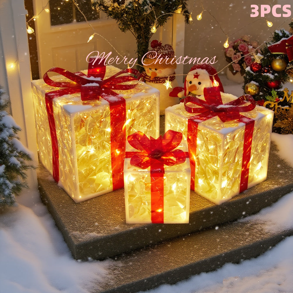 LED Lighted Christmas Gift Box Set, 3pcs – Indoor/Outdoor Holiday Decorations