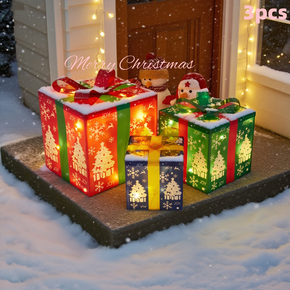 LED Lighted Christmas Gift Box Set, 3pcs – Indoor/Outdoor Holiday Decorations