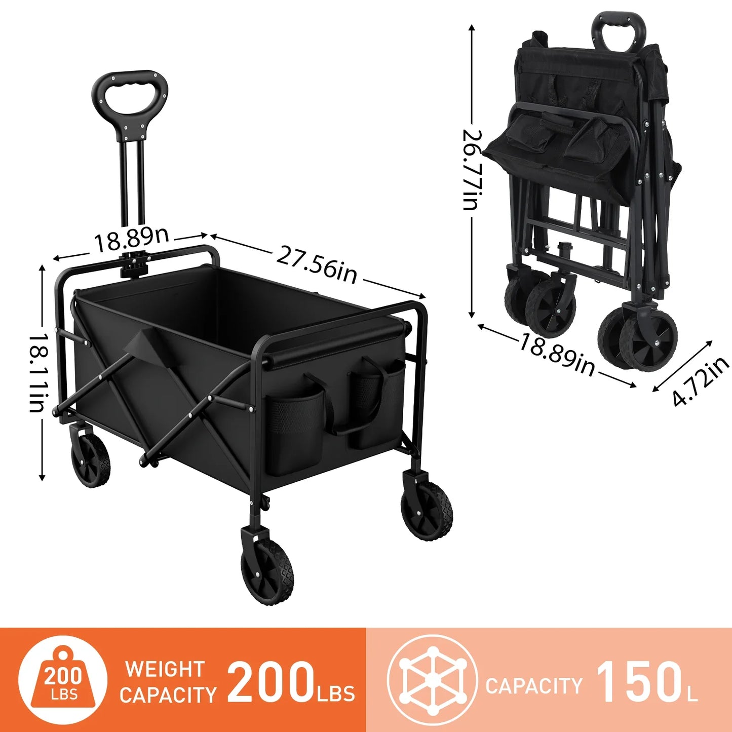 Folding Wagon Cart Adjustable Heavy Duty Camping Utility