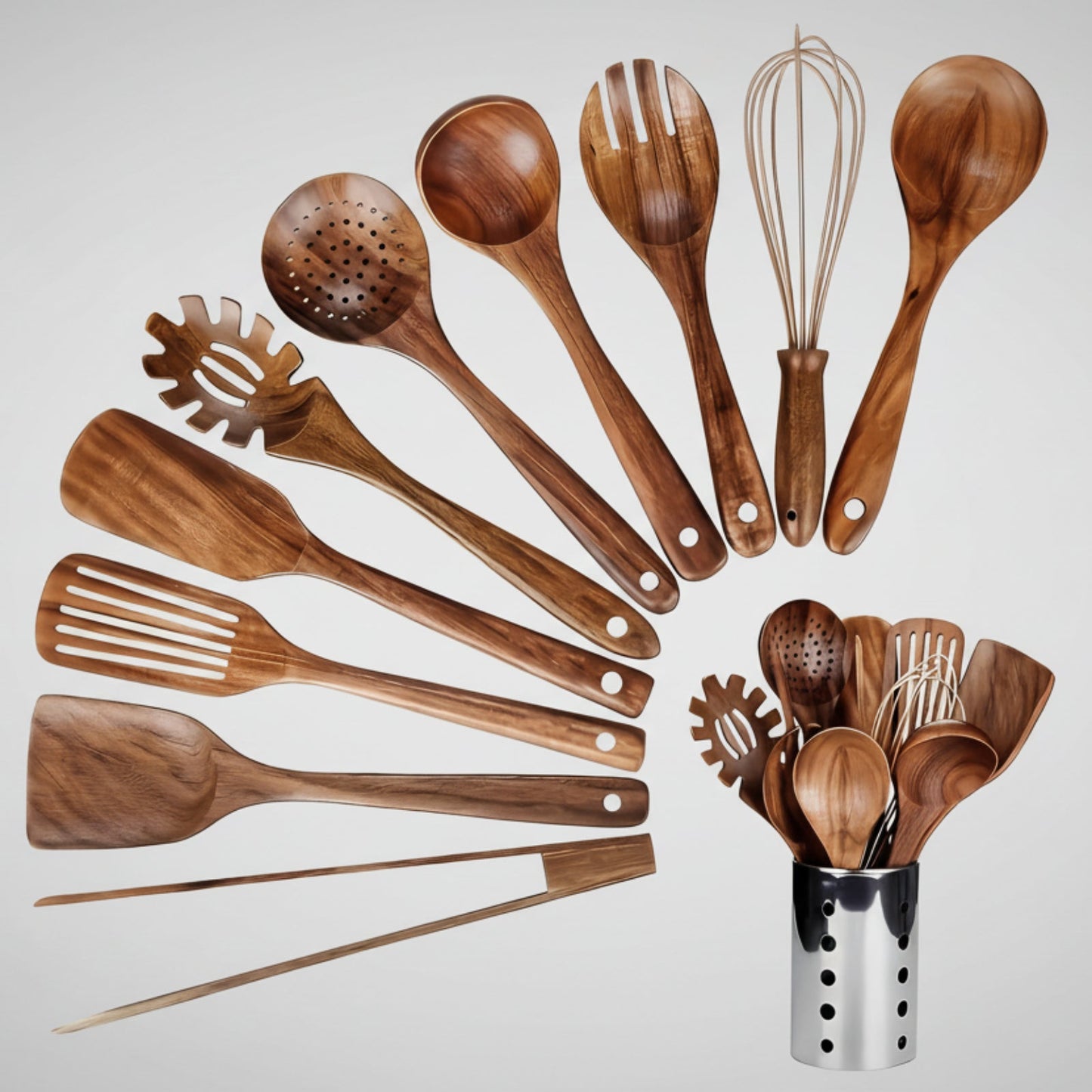 Teak Kitchen Utensil Set 11 Piece Holder